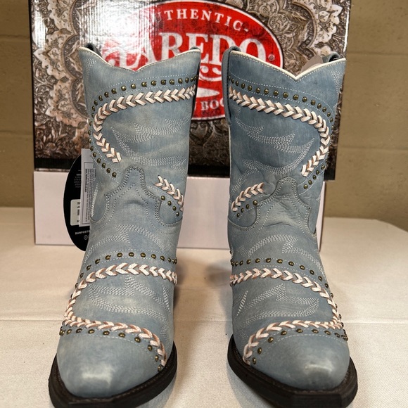 Laredo Western Boots Fancy Sky Blue With Studs Snip Toe Block Heel - Picture 2 of 10